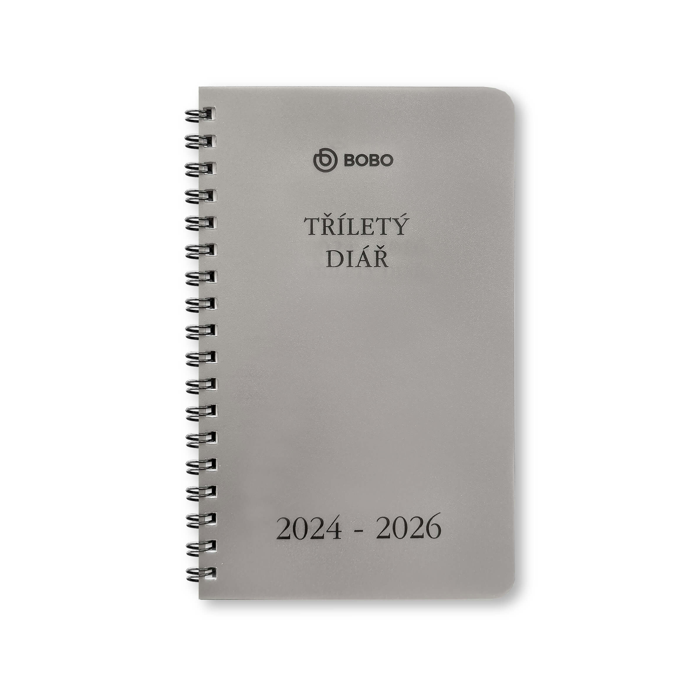 BOBO Tříletý kroužkový diář 2024–2026, měsíční, na výšku, 100x160 mm, stříbrný
