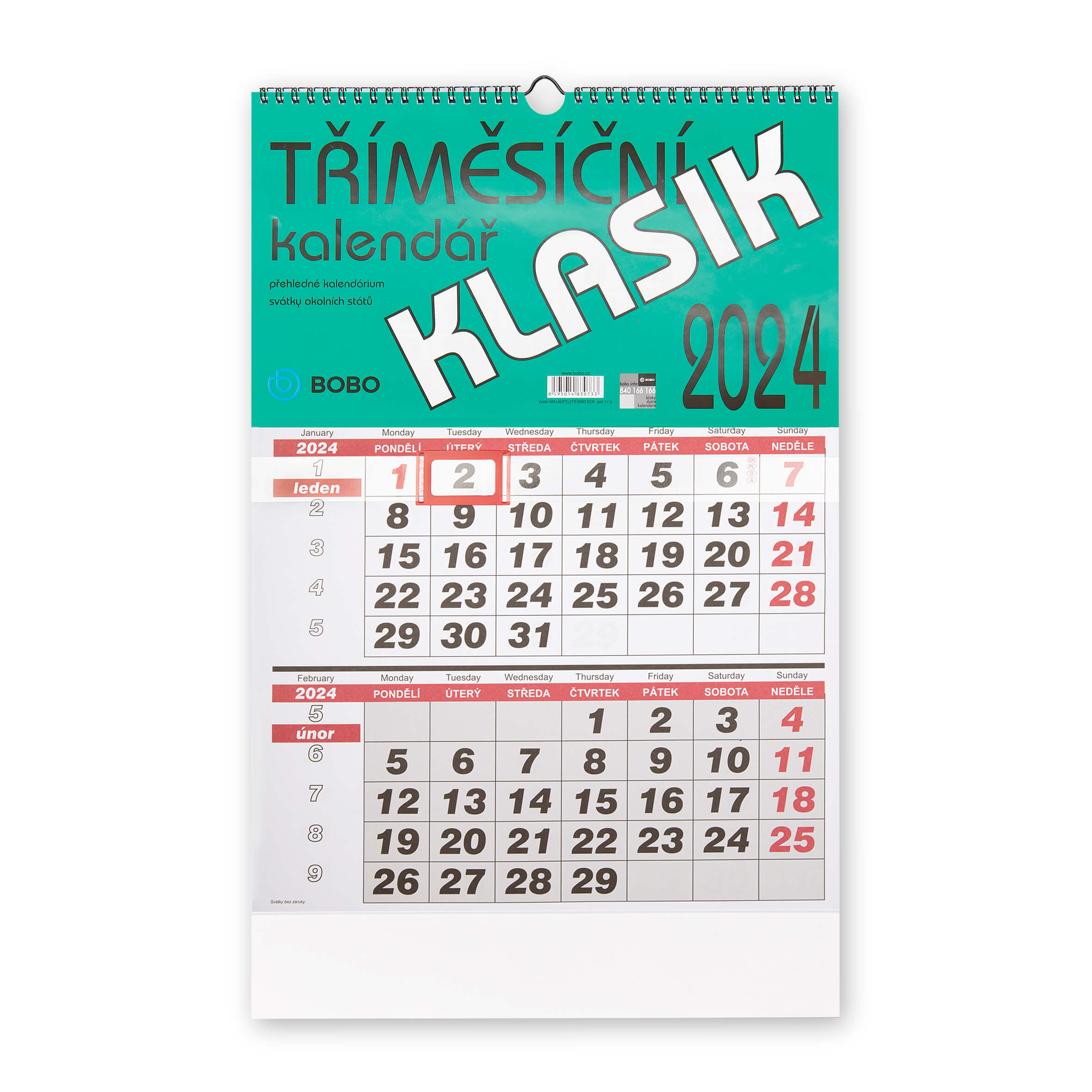 BOBO Nástěnný kalendář tříměsíční KLASIK 2024