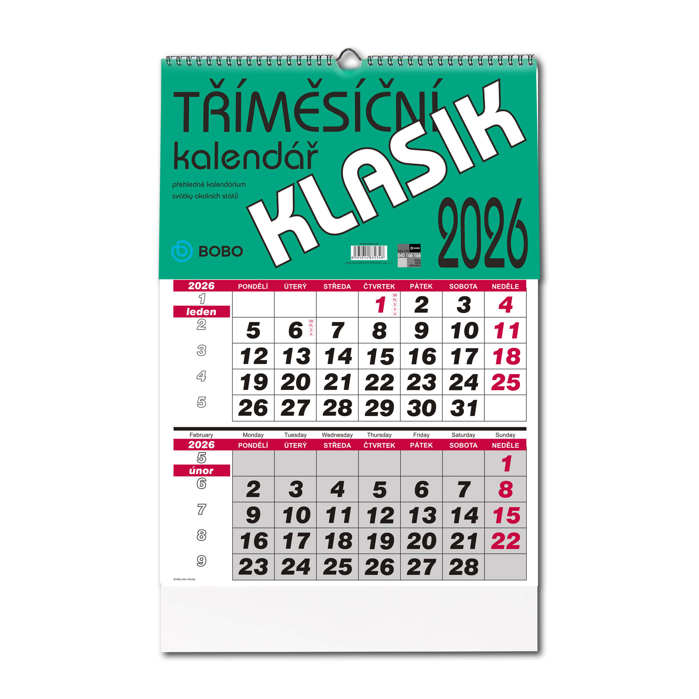 BOBO Nástěnný kalendář tříměsíční KLASIK 2026