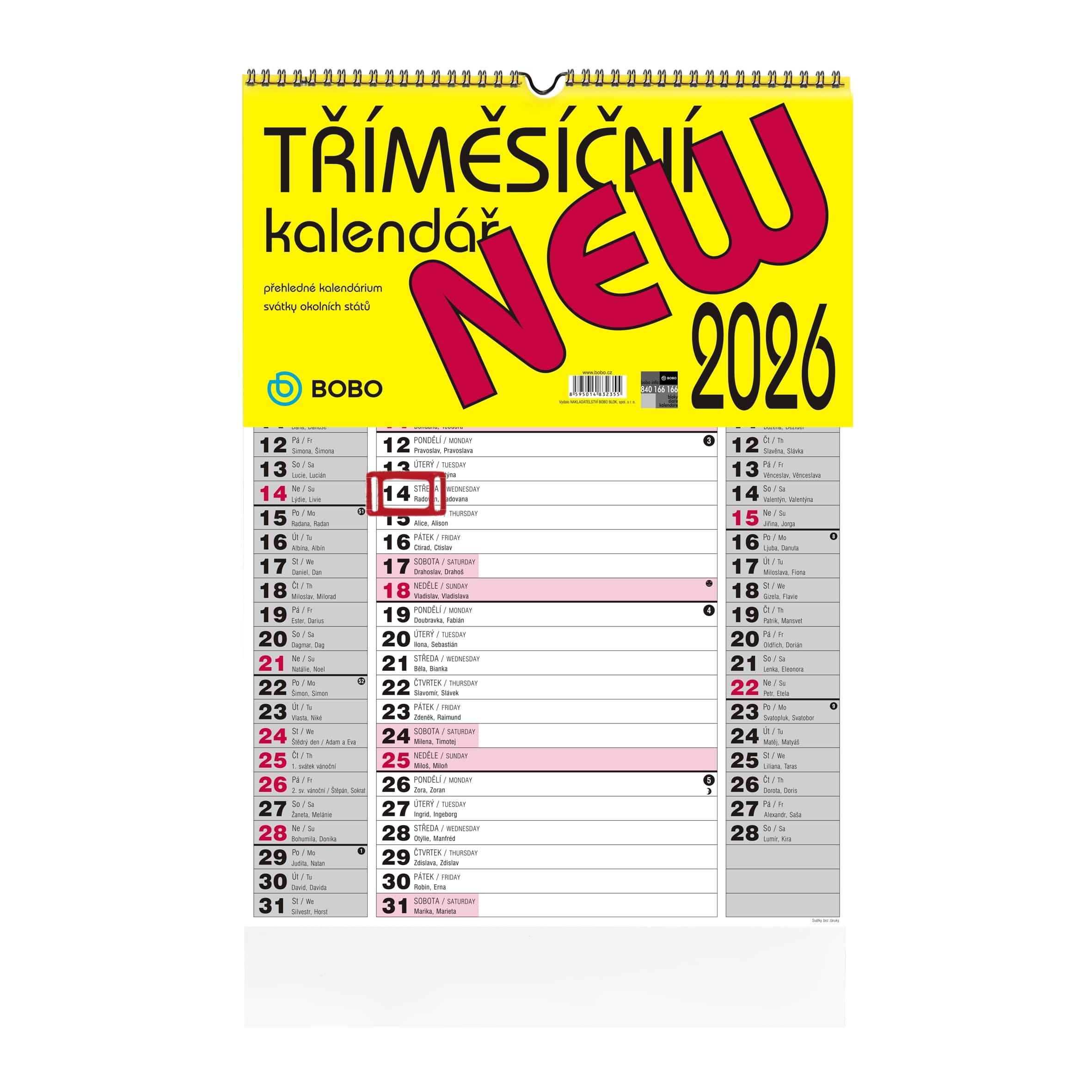 BOBO Nástěnný kalendář tříměsíční NEW 2026